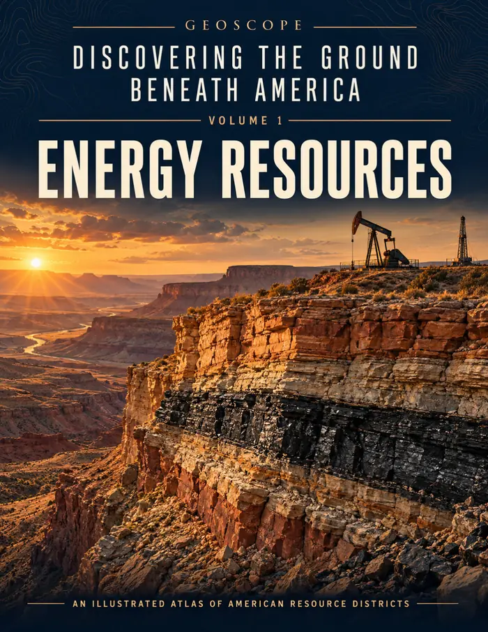 Cover of GeoScope Volume 1, Energy Resources: a layered canyon wall at sunset with an oil pumpjack on the rim.