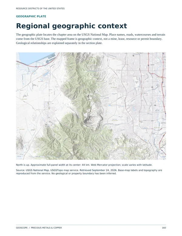 Geographic plate for Bingham Canyon, Utah, a panel about 44 km wide of USGS National Map base imagery in the Oquirrh Mountains southwest of Salt Lake City.