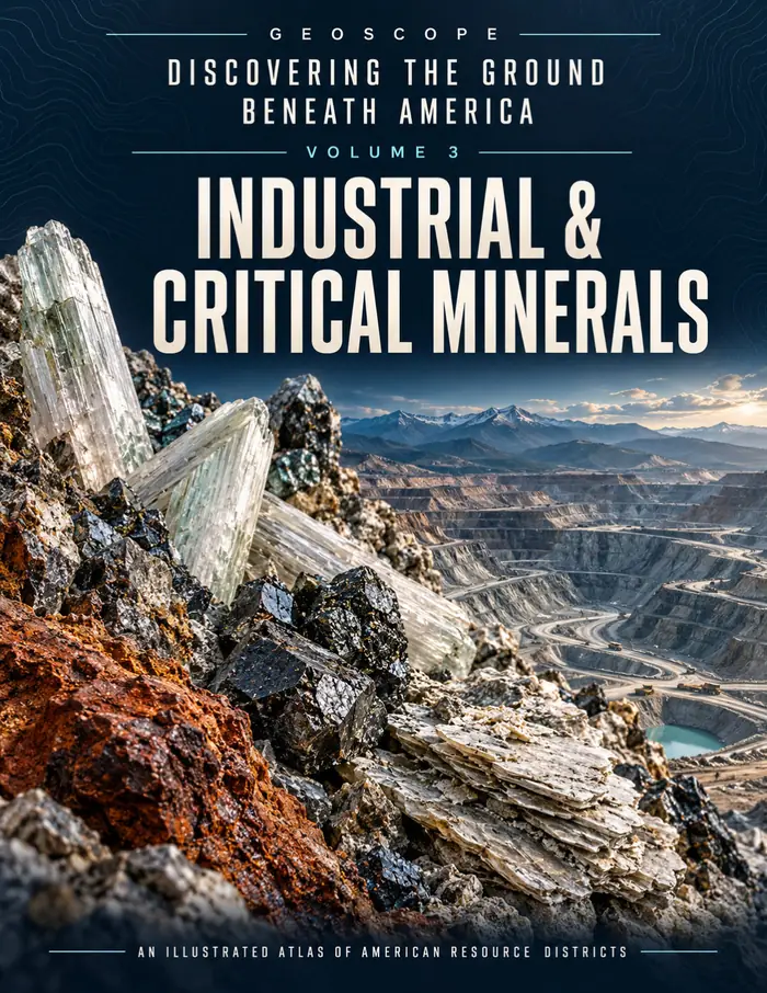 Cover of GeoScope Volume 3, Industrial & Critical Minerals: pale quartz crystals and mineral-stained rock above an open-pit mine.